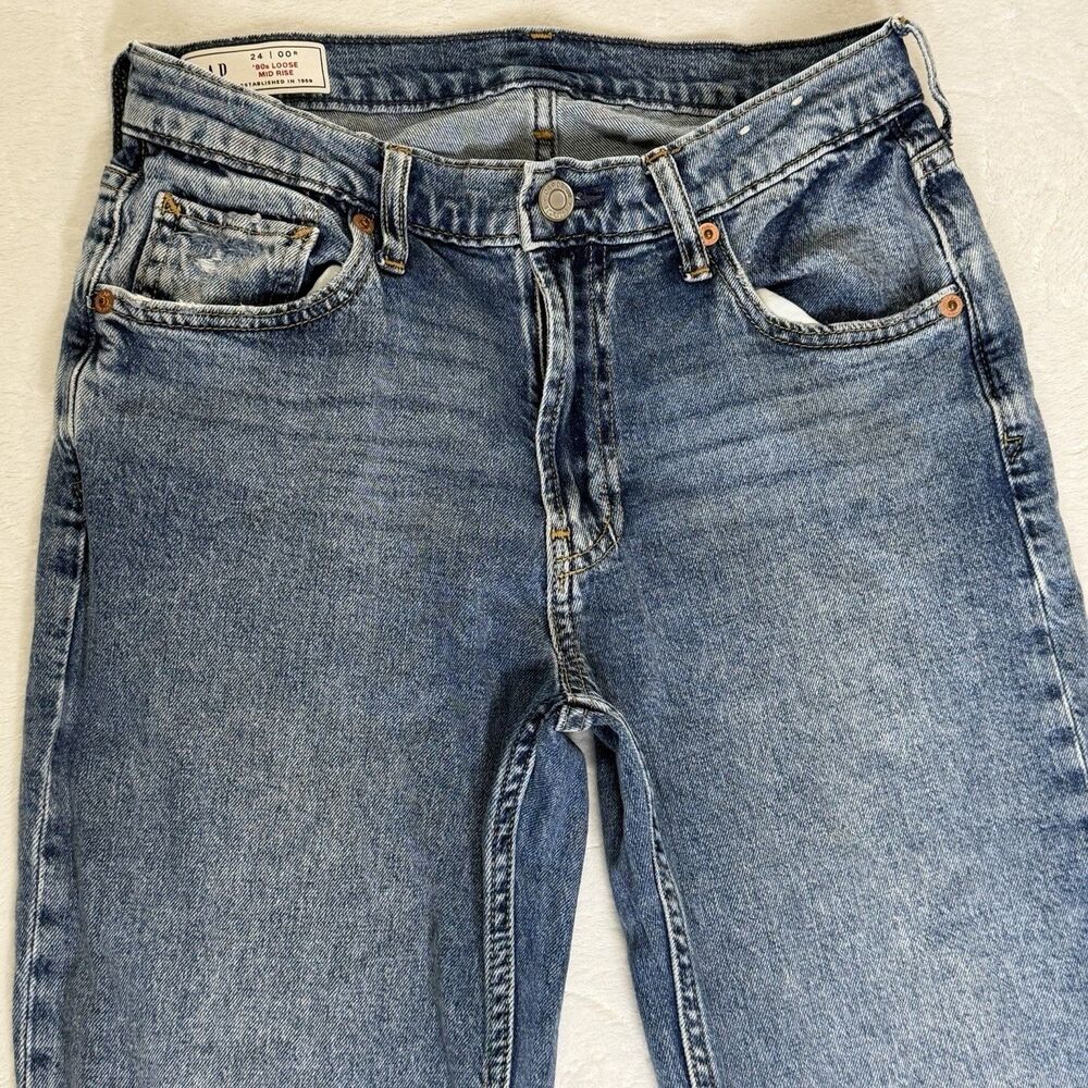 GAP '90s Loose Mid Rise Distressed Ripped Raw Hem Jeans Light Wash Women's 24 00 - Picture 4 of 15